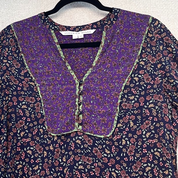 Veronica Beard Boho Floral Blouse Purple Contrast Trim Top Size 8 Rayon - Picture 2 of 16